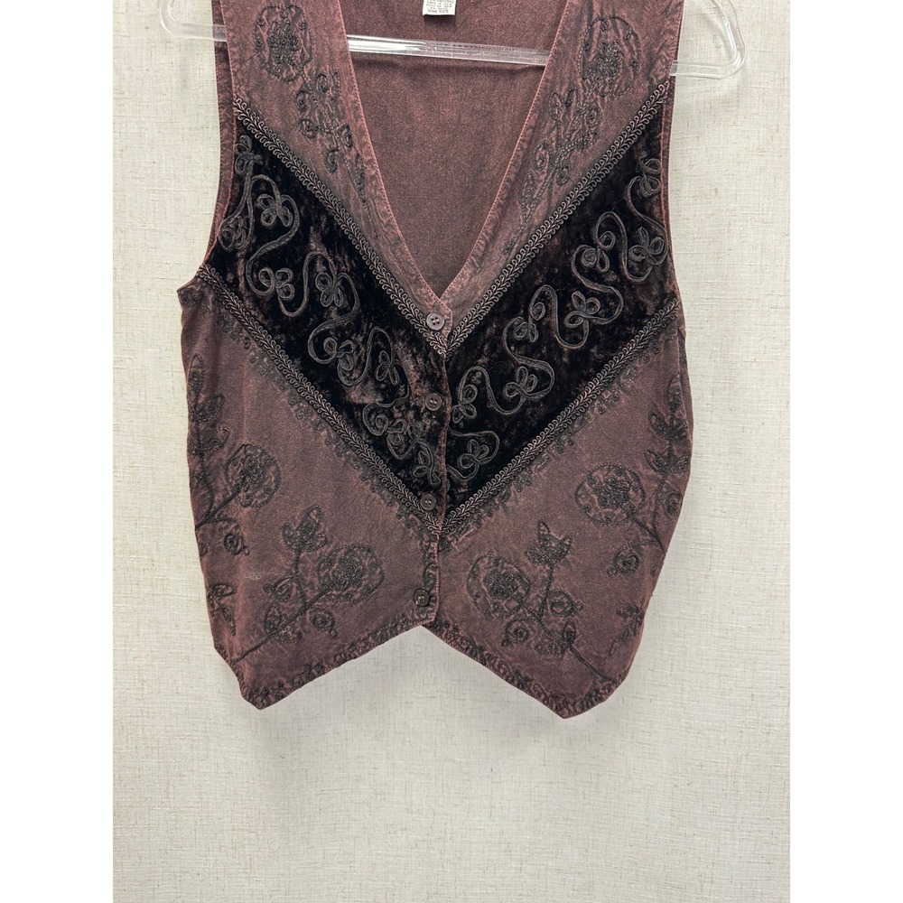 Raviya Brown Floral Embroidered Velvet Trim Rayon Vest Womens One Size Boho 90s - Picture 15 of 16